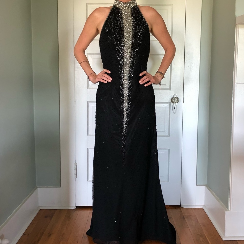 Je Matadi Black Silk Halter Evening Gown with Exquisite Silver Beading